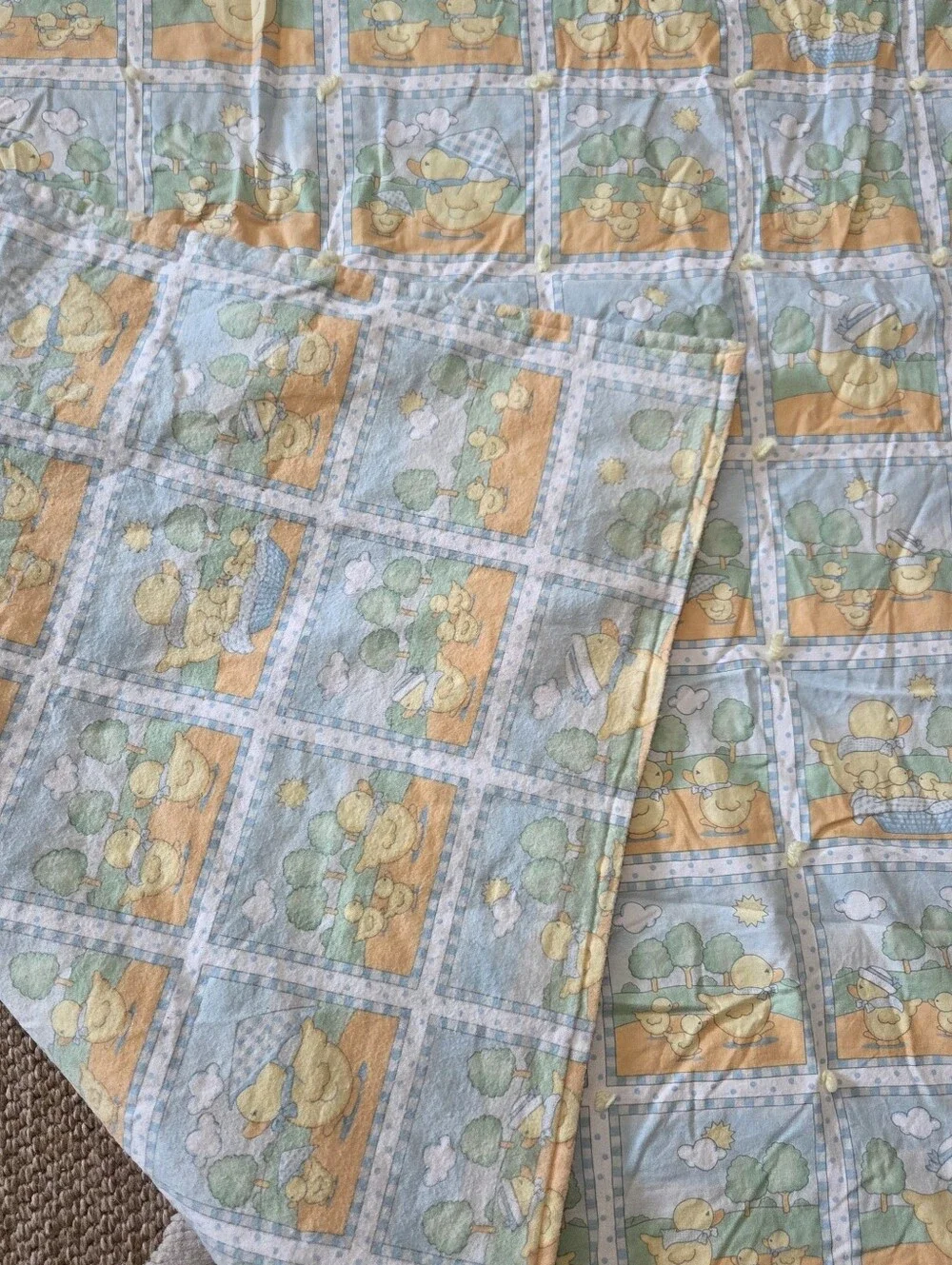 Vintage Baby Duck Print Cotton Toddler Or Baby Quilt - Blue & Yellow